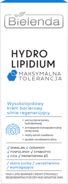 Bielenda Hydro Lipidium: wysokolipidowy krem barierowy, białe opakowanie, front, dla skóry suchej i wrażliwej.