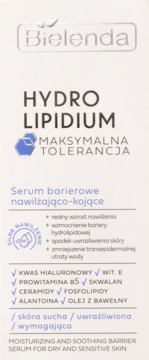 Bielenda Hydro Lipidium serum nawilżająco-kojące w białym pudełku, z przodu logo i napis, pionowy widok.