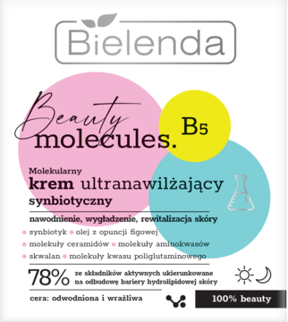 Bielenda Beauty Molecules: Krem ultranawilżający B5 synbiotyczny do cery odwodnionej, z kolorowymi kołami.