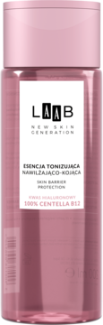 Różowa, transparentna butelka LAAB NEW SKIN GENERATION esencji tonizującej z CENTELLA B12 i kwasem hialuronowym, widok frontalny.
