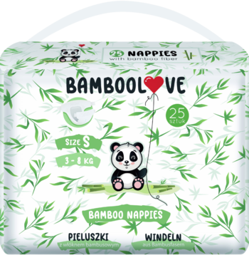Front opakowania Bamboolove, pieluszki bambusowe S (3-8kg), białe z zielonym wzorem i pandą.