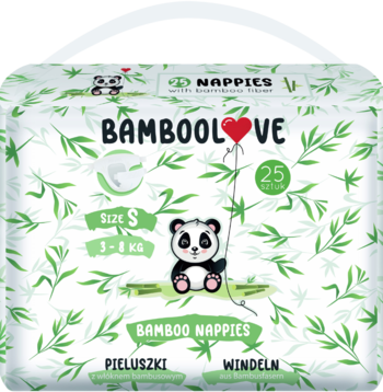 Front opakowania Bamboolove, pieluszki bambusowe S (3-8kg), białe z zielonym wzorem i pandą.