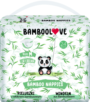 Bamboolove, pieluszki bambusowe rozm. M (6-11 kg) w opakowaniu z pandą, widok z przodu, 24 szt.
