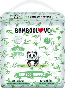 Delikatne pieluszki jednorazowe Bamboolove z włóknem bambusowym L (9-14 kg), opakowanie z pandą.