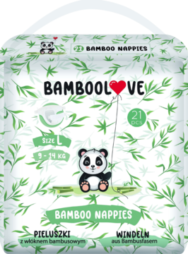 Delikatne pieluszki jednorazowe Bamboolove z włóknem bambusowym L (9-14 kg), opakowanie z pandą.