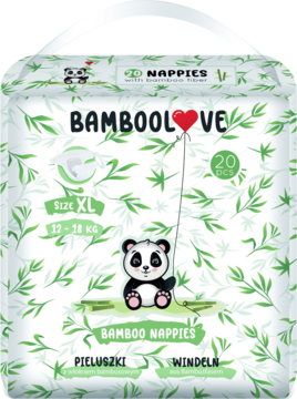 Opakowanie bambusowych pieluszek BambooLove, rozmiar XL (12-18 kg), 20 sztuk, z misiem pandą i liśćmi bambusa.