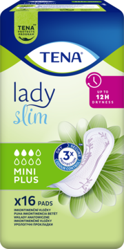 Front opakowania TENA Lady Slim Mini Plus x16 pads. Wkładki na nietrzymanie moczu, do 12h suchości i 3x ochrony zapachu.