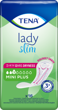 Zielono-niebieskie opakowanie TENA Lady Slim Mini Plus, 16 sztuk, superdyskretne wkładki na lekkie nietrzymanie moczu.