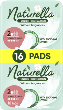 Dwa opakowania podpasek Naturella Tender Protection 16 sztuk normal plus, zielone, bez zapachu, z kojącym balsamem.