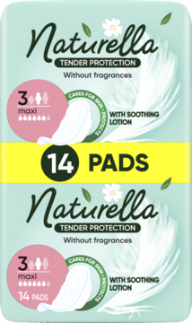 Dwa opakowania podpasek Naturella Tender Protection maxi, każde 14 sztuk, bez zapachu, z kojącym balsamem.
