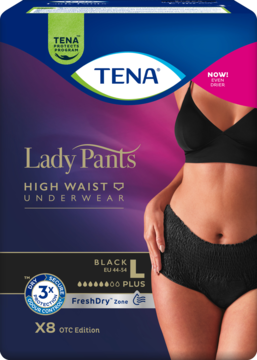 Opakowanie TENA Lady Pants High Waist Underwear, czarne, r. L, z kobietą w bieliźnie i logo TENA.
