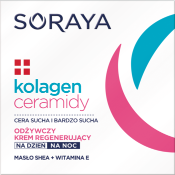 Soraya Kolagen Ceramidy, odżywczy krem regenerujący na dzień/noc dla cery suchej. Białe opakowanie z barwnym wzorem.