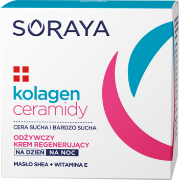 Białe pudełko kremu Soraya Kolagen Ceramidy, odżywczy na dzień i noc, z turkusową górą i kolorowymi kształtami.