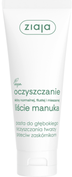 Biała tubka Ziaja Liście Manuka: oczyszczająca pasta do twarzy przeciw zaskórnikom, skóra normalna, tłusta, mieszana.