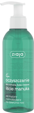 Ziaja Liście Manuka normalizujący żel myjący, zielona butelka z białą pompką, widok frontalny.