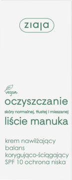Ziaja oczyszczanie, krem nawilżający liście manuka SPF 10. Białe, pionowe opakowanie z zielonym tekstem, widok z przodu.