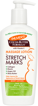 Biała butelka Palmer's Cocoa Butter Massage Lotion z pompką, widok z przodu, na rozstępy, 250ml.