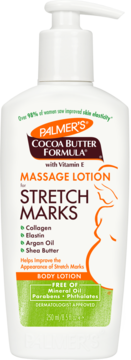 Palmer's Cocoa Butter Massage Lotion for Stretch Marks, white pump bottle, front. Vitamin E, Collagen, Elastin.