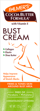 Biało-zielone opakowanie kremu do biustu Palmer's Cocoa Butter z witaminą E, widok z przodu.