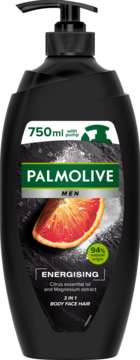 Czarny żel Palmolive Men Energising 3w1 z pompką, z etykietą z pomarańczą i opisem cytrusów/magnezu, widok z przodu.