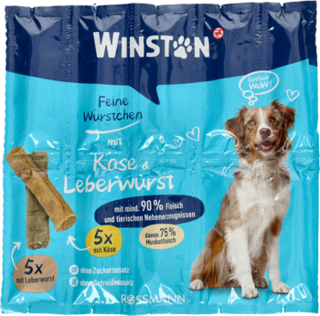 Niebieska paczka Winston Feine Würstchen dla psa, z serem i wątrobianką, widok z przodu.