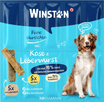 Niebieskie opakowanie Winston z kiełbaskami dla psa: serem i wątrobianką, z psem, widok z przodu.