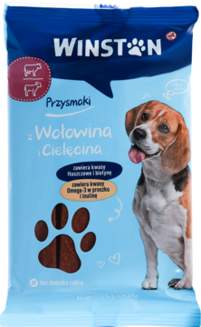 Niebieska paczka przysmaków Winston dla psów, z wołowiną i cielęciną, z beagle i smakołykami w kształcie łapy.