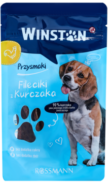 Niebieska torebka Winston Fileciki z Kurczaka dla psa z uśmiechniętym beaglem, „90% kurczaka”, bez zbóż.