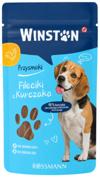 Niebieskie opakowanie przysmaków dla psa Winston Fileciki z Kurczaka 70g, z beaglem i 90% kurczaka.