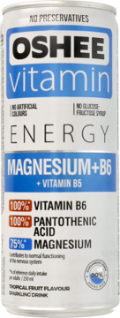 White Oshee Vitamin Energy magnesium+B6 sparkling tropical drink can, prominent blue labels, orange percentage text.