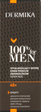 Dermika 100% for Men, wygładzający krem przeciw zmarszczkom 40+. Ciemnobrązowe opakowanie, widok z przodu.