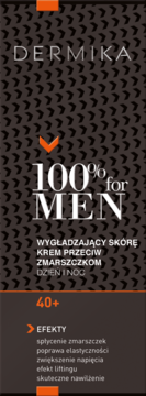 Dermika 100% for Men krem przeciw zmarszczkom 40+ w ciemnym, wzorzystym opakowaniu. Widok z przodu.