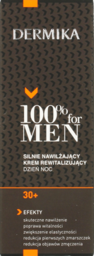 Krem Dermika 100% for MEN 30+ silnie nawilżający, ciemne pudełko z pomarańczowymi elementami, przód.