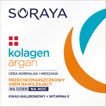 Soraya Kolagen+Argan: krem przeciwzmarszczkowy na dzień/noc w kwadratowym, białym opakowaniu z pomarańczowo-niebieskim łukiem.