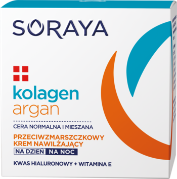 Soraya Kolagen Argan krem nawilżający, białe pudełko z pomarańczowo-niebieskim wzorem, widok z przodu. Dla cery normalnej.