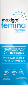 Maxigra femina nawilżający żel intymny w biało-niebieskim opakowaniu, z kwasem hialuronowym i mlekowym, widok z przodu.