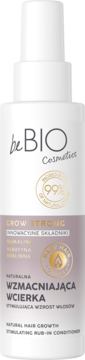 Biała butelka beBIO Cosmetics, wzmacniająca wcierka do włosów, 99% naturalna, widok z przodu.