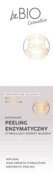 Front view of beBIO Hair Growth Stimulating Enzymatic Peeling packaging. White top, beige bottom with natural ingredients info.