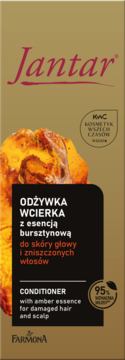 Jantar odżywka-wcierka z bursztynową esencją do zniszczonych włosów i skóry głowy, w złoto-czarnej butelce, widok z przodu.