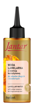 Jantar Lamellar Water z bursztynową esencją do włosów długich i niesfornych, złota butelka, widok z przodu.