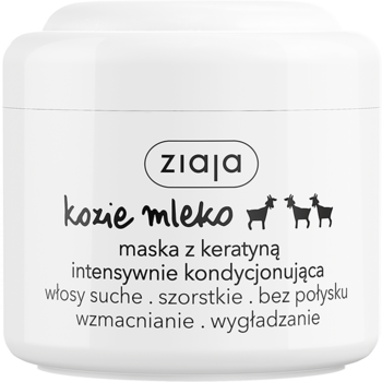 Biały słoik maski Ziaja Kozie Mleko z keratyną do włosów suchych i szorstkich, widok z przodu.