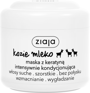 Biały słoik Ziaja Kozie Mleko maska z keratyną, do włosów suchych, szorstkich, wzmacniająca, wygładzająca, widok z przodu.