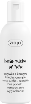 Ziaja odżywka kozie mleko w białej butelce z keratyną do włosów suchych, widok z przodu, czarny napis.