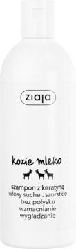 Ziaja Kozie Mleko szampon z keratyną do suchych włosów, biała butelka, logo i trzy kozie sylwetki.