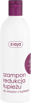 Ziaja szampon redukcja łupieżu, biała butelka z fioletowym korkiem i logo, na wprost.