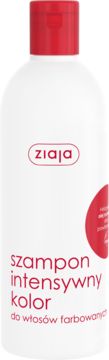 Biała butelka szamponu Ziaja Intensywny Kolor z czerwoną nakrętką, widok z przodu, do włosów farbowanych.