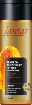 Złota butelka szamponu Jantar Regenerującego z bursztynową esencją do włosów zniszczonych, widok z przodu.