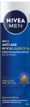 Nivea Men Anti-Age Hyaluron Żel do Twarzy z Pro-Retinolem, niebieskie opakowanie, przód.