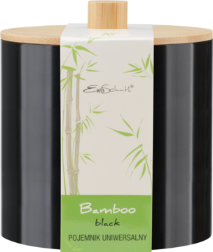 Uniwersalny pojemnik Bamboo Black, czarny z bambusową pokrywką i etykietą z zielonymi liśćmi, widok z przodu.