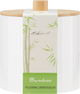 Biały uniwersalny pojemnik z bambusową pokrywką, z etykietą z motywem bambusa i napisem "Bamboo", widok z przodu.